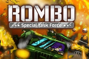 Akčná scéna s vojenským vozidlom v pohybe uprostred výbuchov a streľby, s výrazným nápisom ROMBO Special Task Force hore