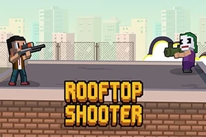 Dvaja pixelovaní postavičky stojace na streche, jeden s puškou a druhý s bazukou, s nápisom ROOFTOP SHOOTER