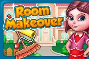 Animovaná postavička dievčaťa stojí pred veľkým domom s náradím a nápisom Room Makeover
