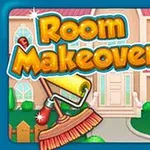 Animovaná postavička dievčaťa stojí pred veľkým domom s náradím a nápisom Room Makeover