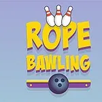 Ilustrácia s troma bowlingovými kuželkami, veľkým nápisom ROPE BAWLING a bowlingovou guľou