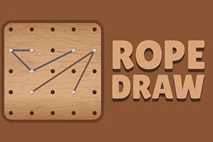 Drevená doska s bodmi spojenými čiarami vedľa textu ROPE DRAW na hnedom pozadí