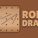 Drevená doska s bodmi spojenými čiarami vedľa textu ROPE DRAW na hnedom pozadí