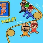 Ilustrácia zobrazuje kreslené postavičky, ktoré sa držia lana na svetlomodrom pozadí, s výrazným nápisom ROPE HELP