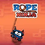 Kreslený ninja v modrom oblečení visí na lane na oranžovom pozadí s nápisom ROPE NINJA