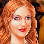 Ilustrácia ženy s dlhými ryšavými vlasmi a úsmevom na tvári, v pozadí rozostrený dav