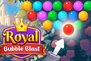 Farebné gule zoskupené na pozadí s nápisom „Royal Bubble Blast“ a šípka ukazujúca na červenú guľu