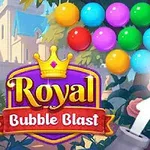 Farebné gule zoskupené na pozadí s nápisom „Royal Bubble Blast“ a šípka ukazujúca na červenú guľu