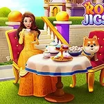 Princezná v žltých šatách sedí pri stole s čajom a koláčmi vedľa psa na záhrade so zámkom v pozadí
