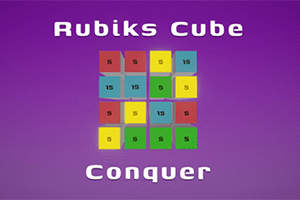 Farebný štvorec zložený z menších očíslovaných štvorcov na fialovom pozadí s nápisom Rubiks Cube Conquer