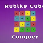 Farebný štvorec zložený z menších očíslovaných štvorcov na fialovom pozadí s nápisom Rubiks Cube Conquer