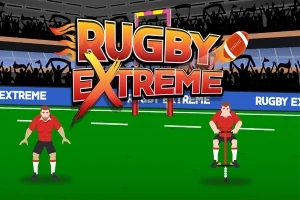 Dve animované postavy v červených dresoch stoja na zelenom ihrisku s veľkým nápisom Rugby Extreme nad nimi