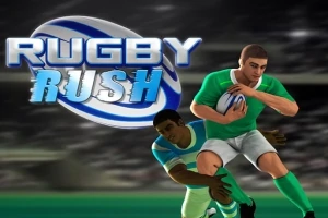 Dvaja ragbyoví hráči, jeden v zelenom drese uteká s loptou, zatiaľ čo ho druhý v modrom drese snaží zastaviť na ihrisku, s nápisom „Rugby Rush“ nad nimi