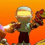 Dvaja kreslení bojovní roboti s laserovými zbraňami na oranžovom pozadí