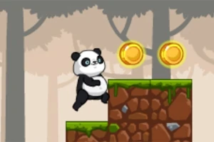 Panda stojí na kamennej plošine s machom v lese a nad ňou sú dve zlaté mince