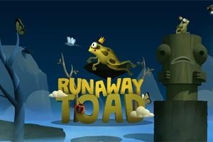 Žaba s korunou na hlave skáče cez nápis RUNAWAY TOAD v nočnom lese so sochou a motýľmi
