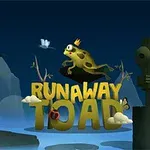 Žaba s korunou na hlave skáče cez nápis RUNAWAY TOAD v nočnom lese so sochou a motýľmi