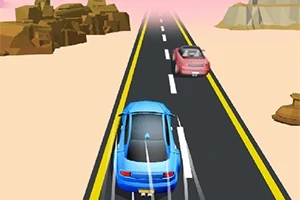 Modré auto jazdí po dvojprúdovej ceste v púštnej krajine s ďalším autom vpredu
