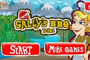 Ilustrácia s logom Sallys BBQ Joint, pozadím s horskou scenériou a animovanou postavou ženy