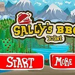 Ilustrácia s logom Sallys BBQ Joint, pozadím s horskou scenériou a animovanou postavou ženy