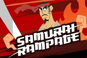 Ilustrácia bojovníka so samurajským mečom a plameňmi na pozadí, s nápisom „SAMURAI RAMPAGE“ v popredí