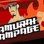 Ilustrácia bojovníka so samurajským mečom a plameňmi na pozadí, s nápisom „SAMURAI RAMPAGE“ v popredí