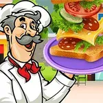 Kreslený kuchár s klobúkom drží sendvič s ingredienciami na fialovom tanieri, v pozadí je budova a tlačidlo na spustenie