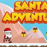 Santa kráča po zasneženej krajine vedľa stromu a hôr, kde sú darčeky a nápis Santa Adventure