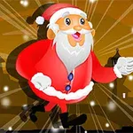 Santa Claus beží v jasne osvetlenej noci s padajúcimi snehovými vločkami na pozadí mesta