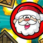 Kreslená tvár Santa Clausa v červenom kruhu, obklopená drevenými debničkami a výbuchmi