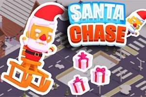Postavička Santa Clausa na saniach s darčekmi na ceste, s farebným nápisom Santa Chase