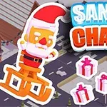 Postavička Santa Clausa na saniach s darčekmi na ceste, s farebným nápisom Santa Chase