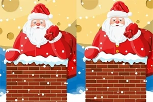 Santa Claus v červenom oblečení stojí nad komínom s vločkami snehu na žltom pozadí