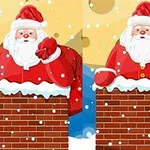 Santa Claus v červenom oblečení stojí nad komínom s vločkami snehu na žltom pozadí