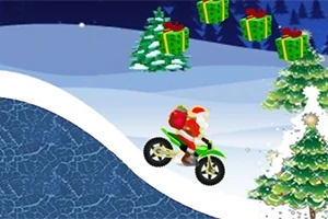 Santa Claus na motorke s vianočnými darčekmi v zasneženej krajine