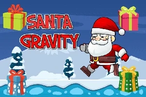 Santa v červenom obleku kráča po zasneženej krajine s vianočnými darčekmi a nápisom Santa Gravity