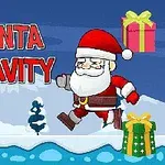 Santa v červenom obleku kráča po zasneženej krajine s vianočnými darčekmi a nápisom Santa Gravity