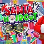 Santa Claus stojí pred farebným pozadím s nápisom a nástrojmi na strihanie vlasov