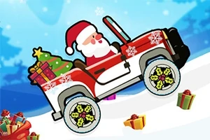 Santa Claus šoféruje červené auto s darčekmi na zasneženej ceste