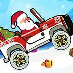 Santa Claus šoféruje červené auto s darčekmi na zasneženej ceste