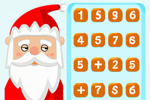 Santa Claus vedľa tabuľky s číslami a symbolmi