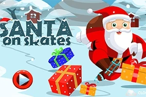 Santa Claus na korčuliach v zasneženej krajine s darčekmi a zimnými domčekmi na pozadí
