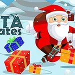 Santa Claus na korčuliach v zasneženej krajine s darčekmi a zimnými domčekmi na pozadí