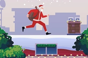 Santa Claus s vreckom na chrbte beží po zasneženej streche v mestskom prostredí