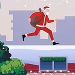 Santa Claus s vreckom na chrbte beží po zasneženej streche v mestskom prostredí