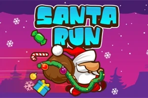Santa Claus bežiaci s veľkým vrecom, cukríkmi a darčekmi v zasneženej krajine, s nápisom Santa Run v pozadí