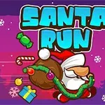 Santa Claus bežiaci s veľkým vrecom, cukríkmi a darčekmi v zasneženej krajine, s nápisom Santa Run v pozadí