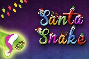 Farebné nápisy s čiapkami Santa Clausa a postavičkou hada v mikulášskej čiapke na tmavomodrom pozadí s farebnými svetielkami