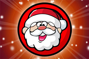 Kreslená tvár Santa Clausa s veselým výrazom na červenom pozadí s bielymi svetelnými efektmi