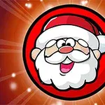 Kreslená tvár Santa Clausa s veselým výrazom na červenom pozadí s bielymi svetelnými efektmi